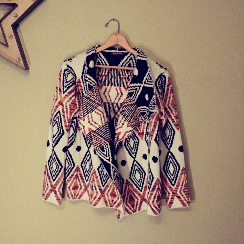 Open-Front Geometric Pattern Cardigan Sweater - Cream & Rust